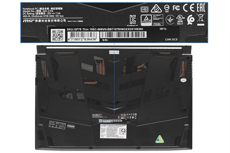 Laptop MSI GF75 Thin 10SCXR i7 10750H/8GB/512GB/4GB GTX1650/144Hz/Balo/Chuột/Win10 (068VN) Màu Đen