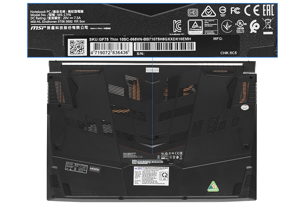 Laptop MSI GF75 Thin 10SCXR i7 10750H/8GB/512GB/4GB GTX1650/144Hz/Balo/Chuột/Win10 (068VN) Màu Đen