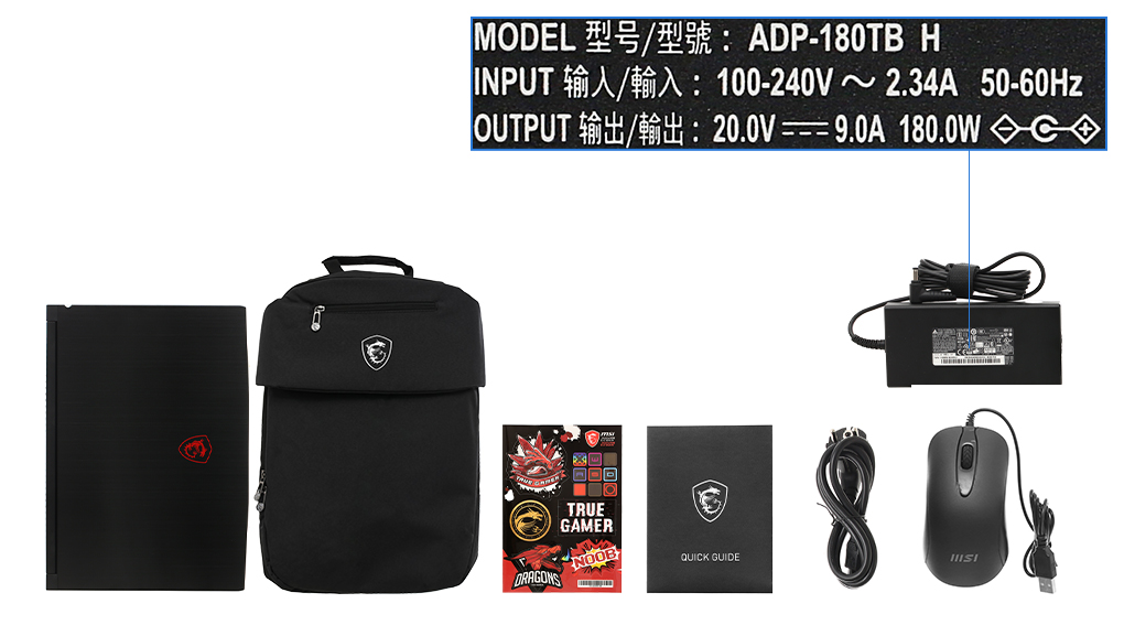 Bộ sản phẩm gồm: Dây nguồn, Sách hướng dẫn, Balo ( Trong thùng máy ) , Chuột ( Trong thùng máy ) , Thùng máy, Sạc Laptop MSI