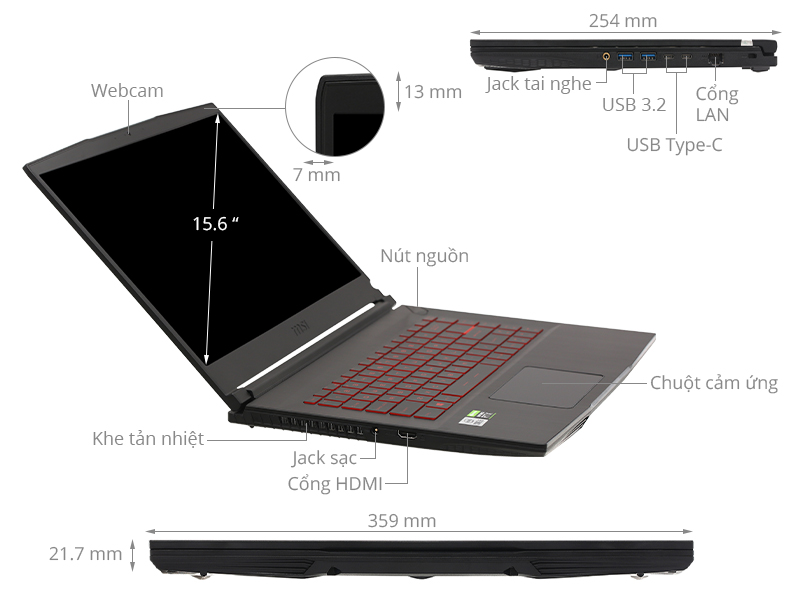 MSI GF65 Thin 10UE i5 10500H/16GB/512GB/6GB RTX3060 Max-Q/144Hz/Balo/Chuột/Win10 (297VN)