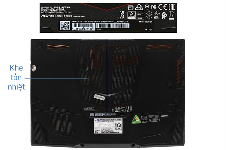 Laptop MSI Gaming GF65 Thin 10UE i5 10500H/16GB/512GB/6GB RTX3060 Max-Q/144Hz/Balo/Chuột/Win10 (297VN) Màu Đen