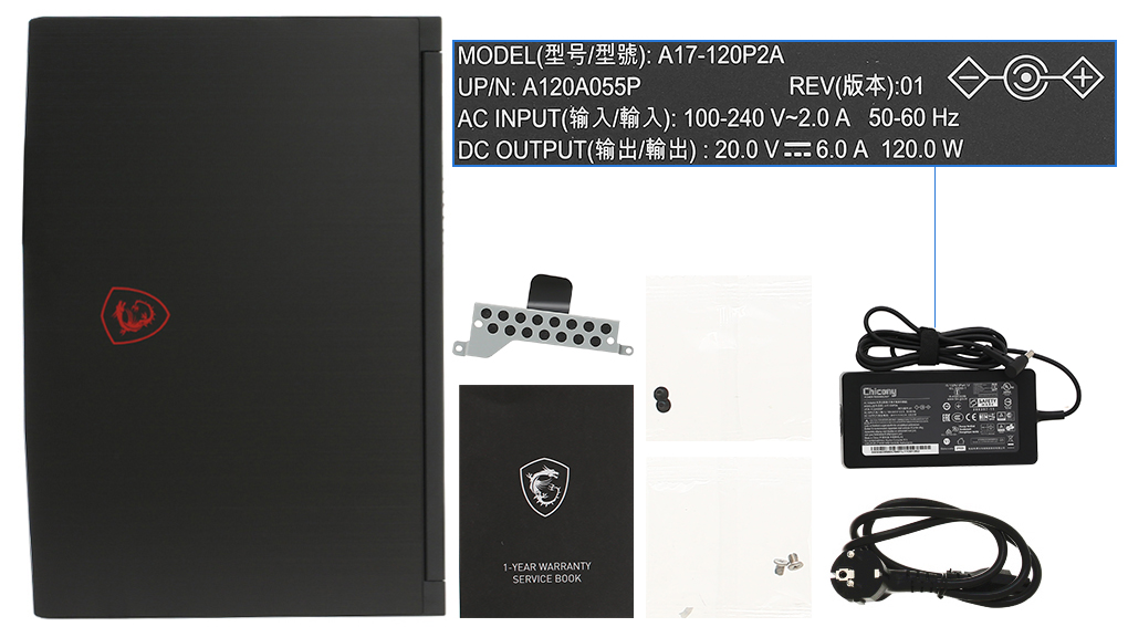 Bộ sản phẩm gồm: Dây nguồn, Sách hướng dẫn, Thùng máy, Sạc Laptop MSI