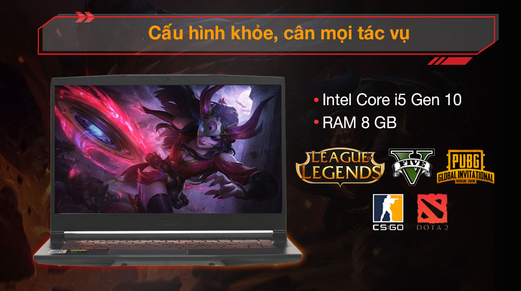Laptop MSI Gaming GF63 10SC i5 10300H 8GB/512GB/4GB GTX1650/144Hz/Win10 (255VN)