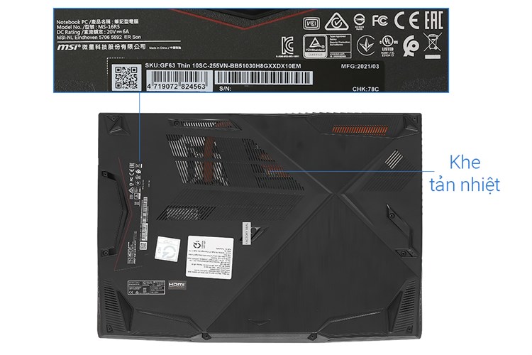 Laptop MSI Gaming GF63 10SC i5 10300H 8GB/512GB/4GB GTX1650/144Hz/Win10 (255VN) Màu Đen