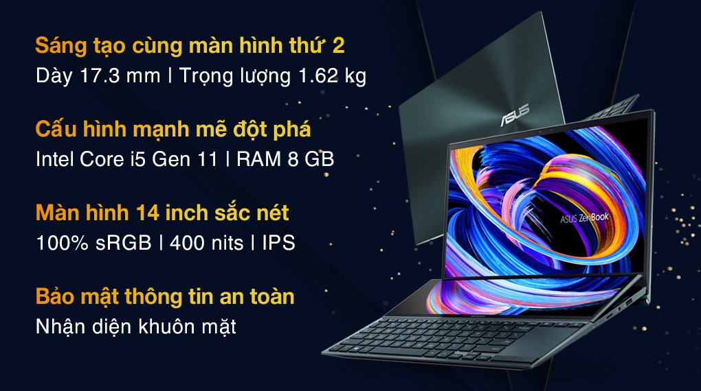 Laptop Asus ZenBook Duo UX482EG i5 1135G7/8GB/512GB/2GB MX450/Touch/Pen/Túi/Stand/Win10 (KA166T)