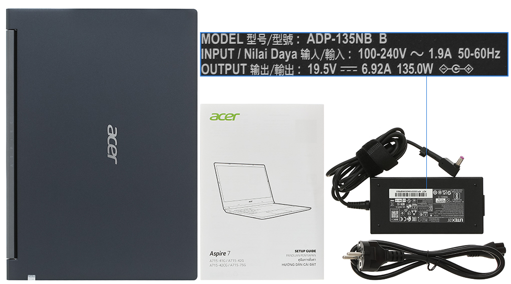 Bộ sản phẩm gồm: Dây nguồn, Sách hướng dẫn, Balo ( Trong thùng máy ) , Thùng máy, Sạc Laptop Acer