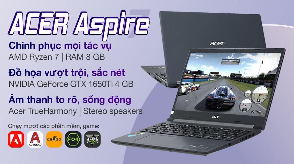 Laptop Acer Aspire 7 Gaming A715 41G R150 R7 3750H/8GB/512GB/4GB GTX1650Ti/Balo/Win10 (NH.Q8SSV.004)