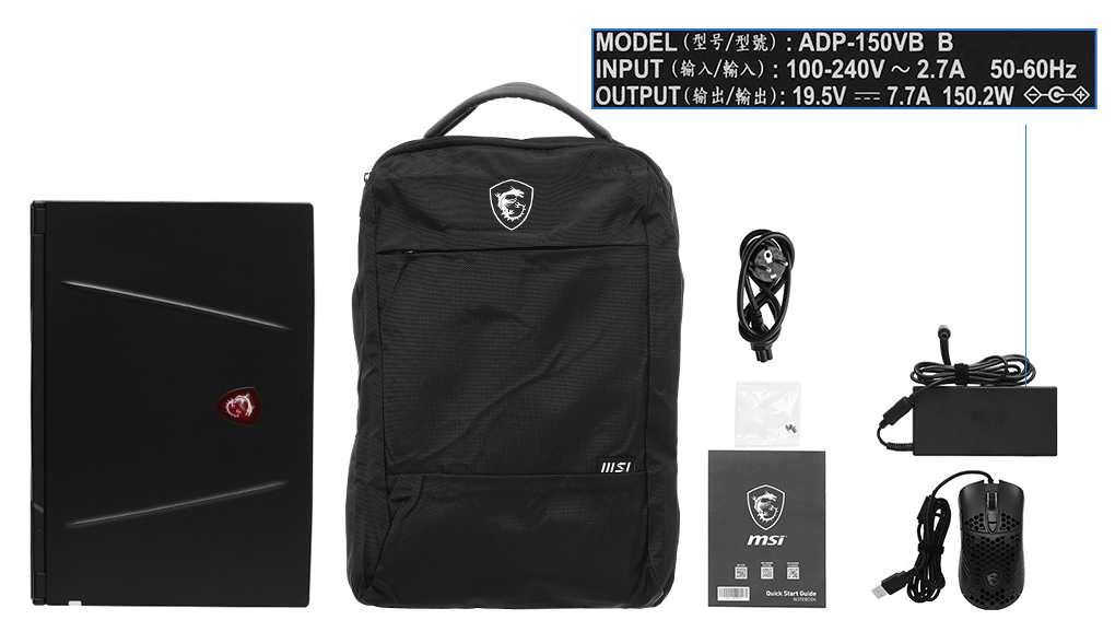 Bộ sản phẩm gồm: Dây nguồn, Sách hướng dẫn, Balo ( Trong thùng máy ) , Chuột ( Trong thùng máy ) , Thùng máy, Sạc Laptop MSI