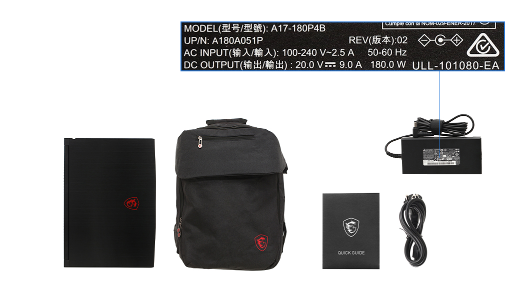 Bộ sản phẩm gồm: Dây nguồn, Sách hướng dẫn, Balo, Thùng máy, Sạc Laptop MSI
