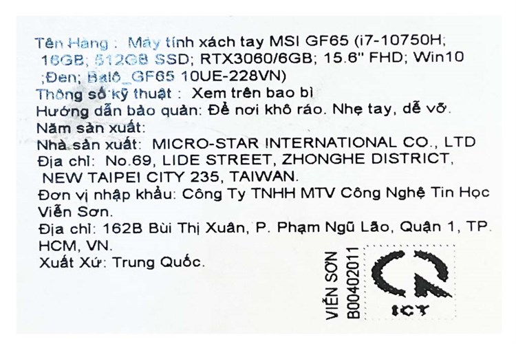 Laptop MSI Gaming GF65 10UE i7 10750H/16GB/512GB/6GB RTX3060 Max-Q/Balo/Win10 (228VN) Màu Đen