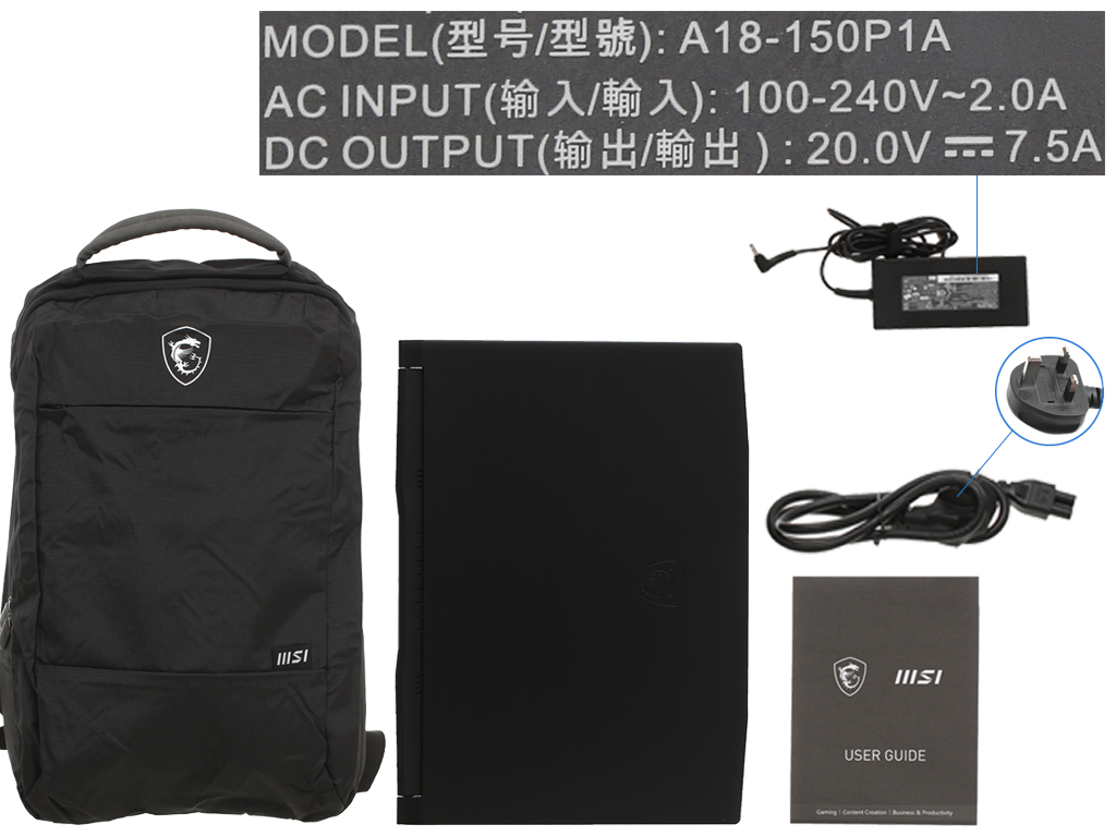 Bộ sản phẩm gồm: Dây nguồn, Sách hướng dẫn, Balo, Thùng máy, Sạc Laptop MSI