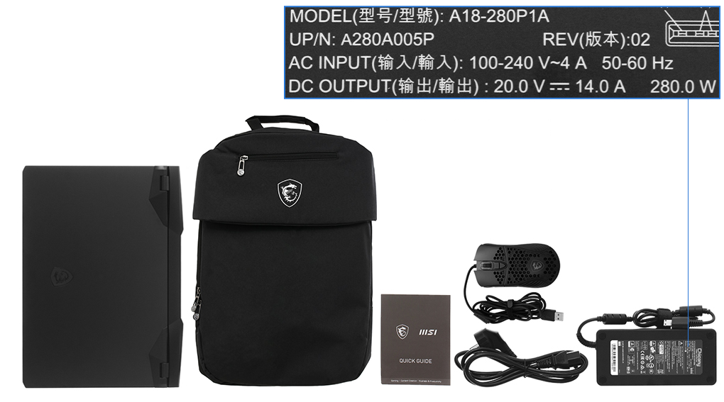 Bộ sản phẩm gồm: Dây nguồn, Sách hướng dẫn, Balo ( Trong thùng máy ) , Chuột ( Trong thùng máy ) , Thùng máy, Sạc Laptop MSI