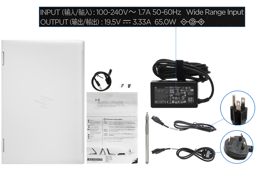 Bộ sản phẩm gồm: Dây nguồn ( 2 dây ) , Sách hướng dẫn, Bút cảm ứng, Cáp ( Cáp sạc Type-C ) , Sạc Laptop HP