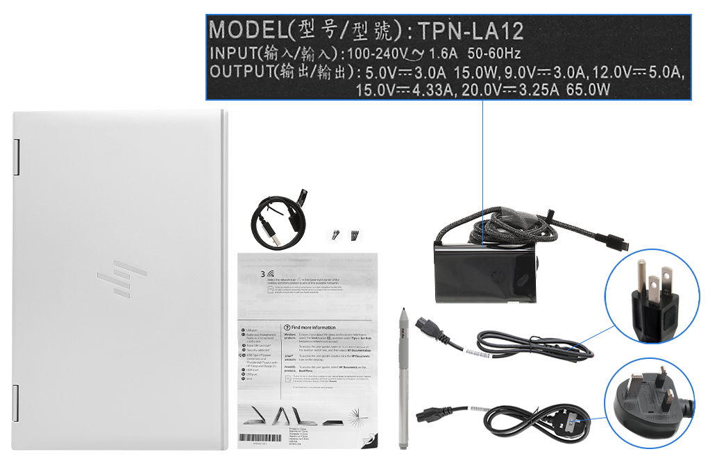 Bộ sản phẩm gồm: Dây nguồn ( 2 dây ) , Sách hướng dẫn, Bút cảm ứng, Cáp ( Cáp sạc Type-C ) , Adapter chuyển, Sạc Laptop HP