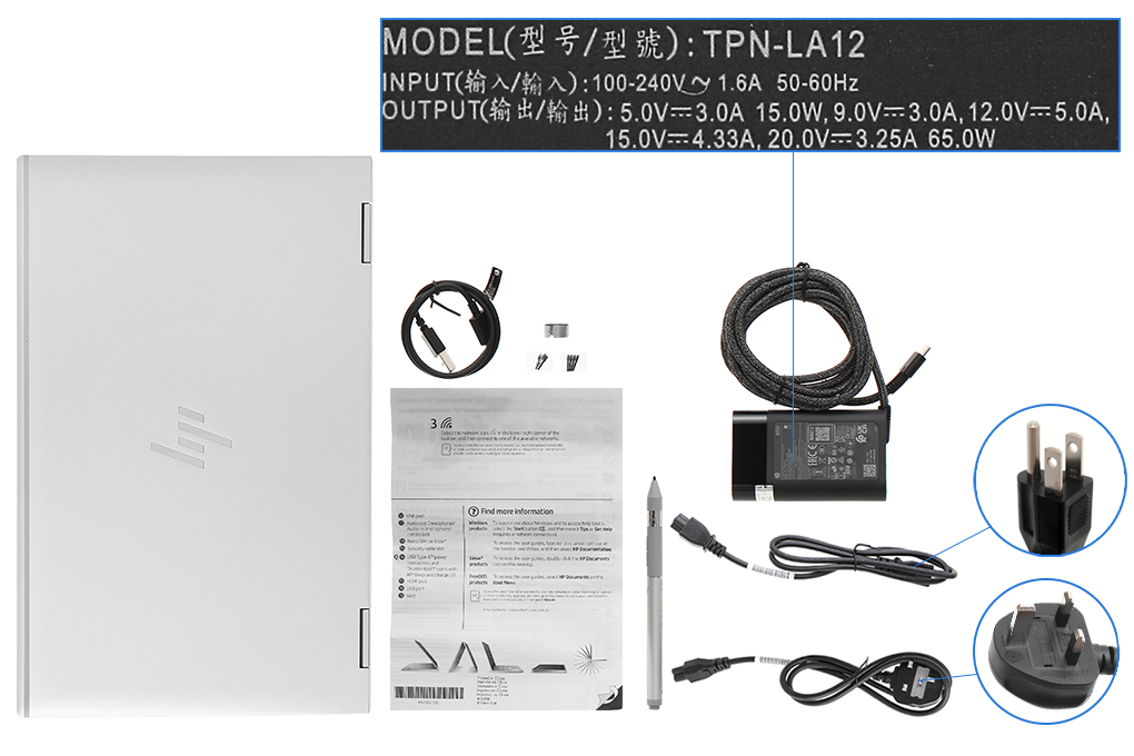 Bộ sản phẩm gồm: Dây nguồn ( 2 dây ) , Sách hướng dẫn, Bút cảm ứng, Cáp ( Cáp sạc Type-C ) , Adapter chuyển, Sạc Laptop HP