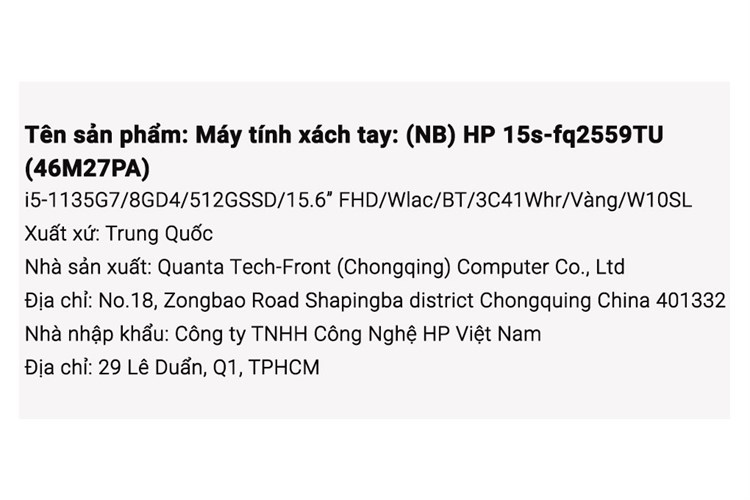 Laptop HP 15s fq2559TU i5 1135G7/8GB/512GB/Win10 (46M27PA) Màu Vàng