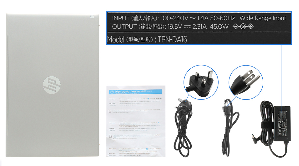 Bộ sản phẩm gồm: Dây nguồn ( 2 dây ) , Sách hướng dẫn, Thùng máy, Sạc Laptop HP