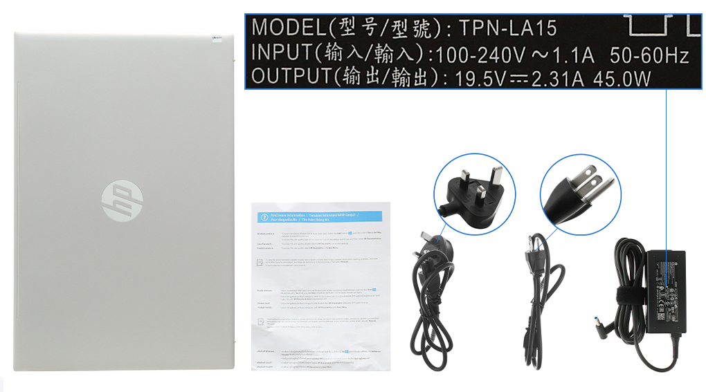 Bộ sản phẩm gồm: Dây nguồn ( 2 dây ) , Sách hướng dẫn, Thùng máy, Sạc Laptop HP