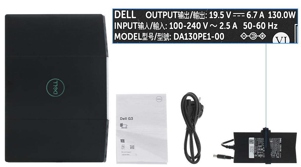 Bộ sản phẩm gồm: Dây nguồn, Sách hướng dẫn, Thùng máy, Sạc Laptop Dell