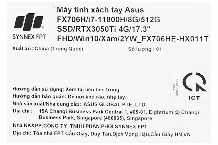 Laptop Asus TUF Gaming FX706HE i7 11800H/8GB/512GB/4GB RTX3050Ti/144Hz/Win10 (HX011T) Màu Xám