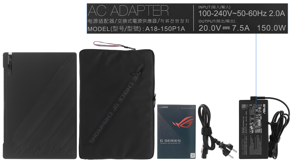 Bộ sản phẩm gồm: Dây nguồn, Sách hướng dẫn, Thùng máy, Túi xách, Sạc Laptop Asus