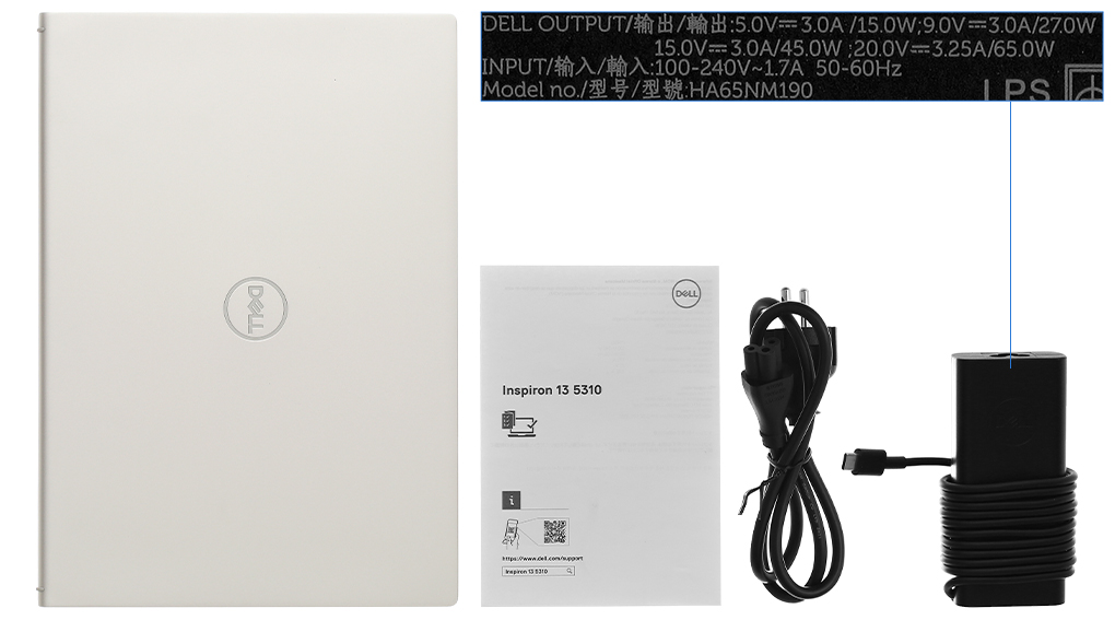 Bộ sản phẩm gồm: Dây nguồn, Sách hướng dẫn, Thùng máy, Sạc Laptop Dell