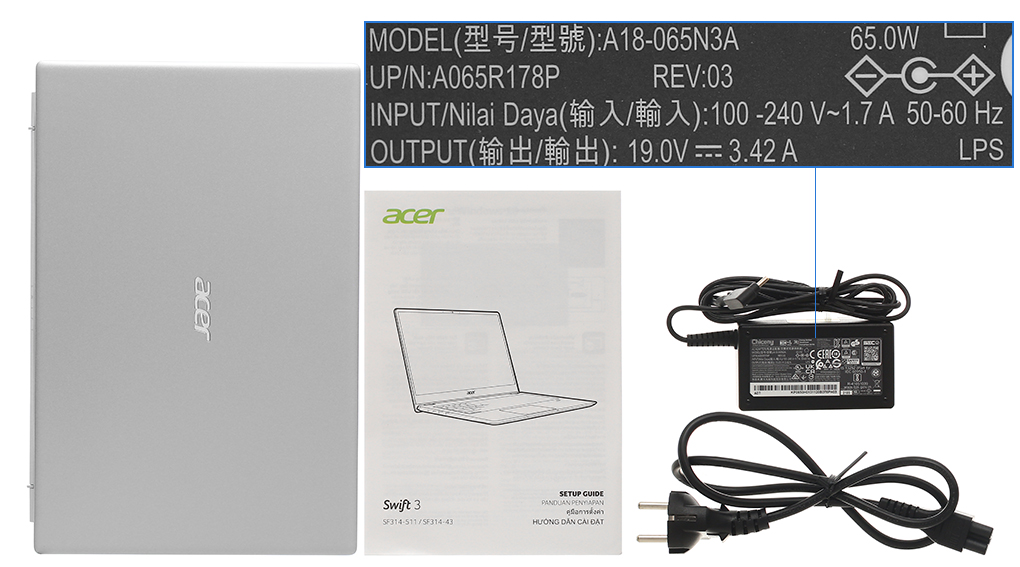 Bộ sản phẩm gồm: Sách hướng dẫn, Thùng máy, Sạc Laptop Acer