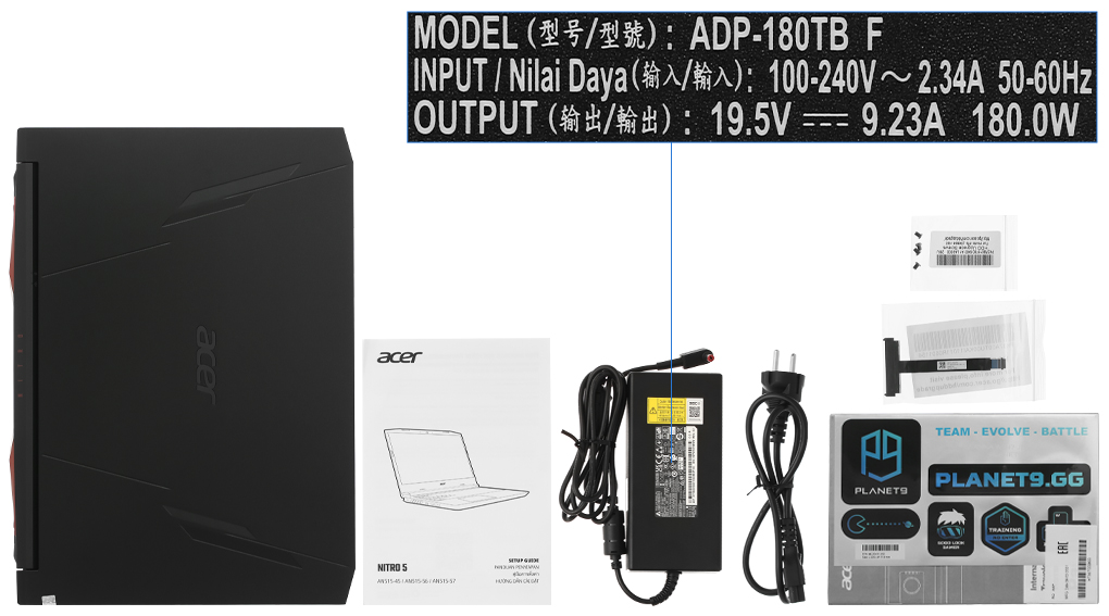 Bộ sản phẩm gồm: Dây nguồn, Sách hướng dẫn, Thùng máy, Sạc Laptop Acer