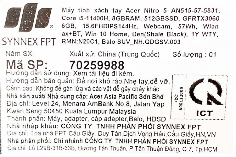 Laptop Acer Nitro 5 Gaming AN515 57 5831 i5 11400H/8GB/512GB/6GB RTX3060/144Hz/Win10 (NH.QDGSV.003) Màu Đen