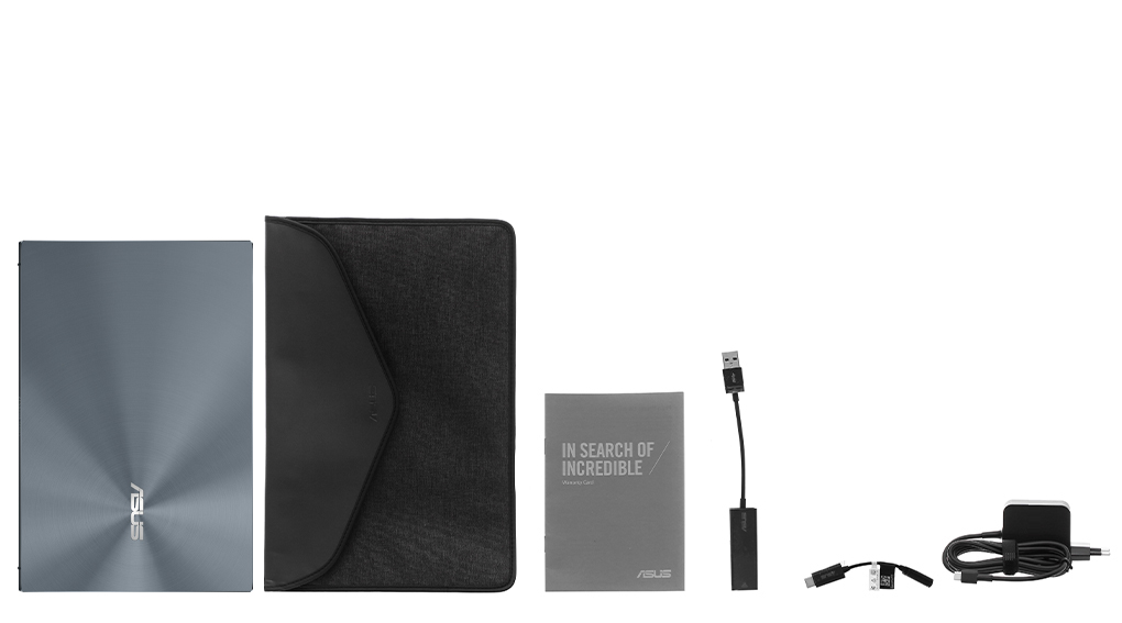 Bộ sản phẩm gồm: Sách hướng dẫn, Bao da, Thùng máy, Cáp ( Type C to 3.5 mm ) , Adapter chuyển ( USB to LAN ) , Sạc Laptop Asus
