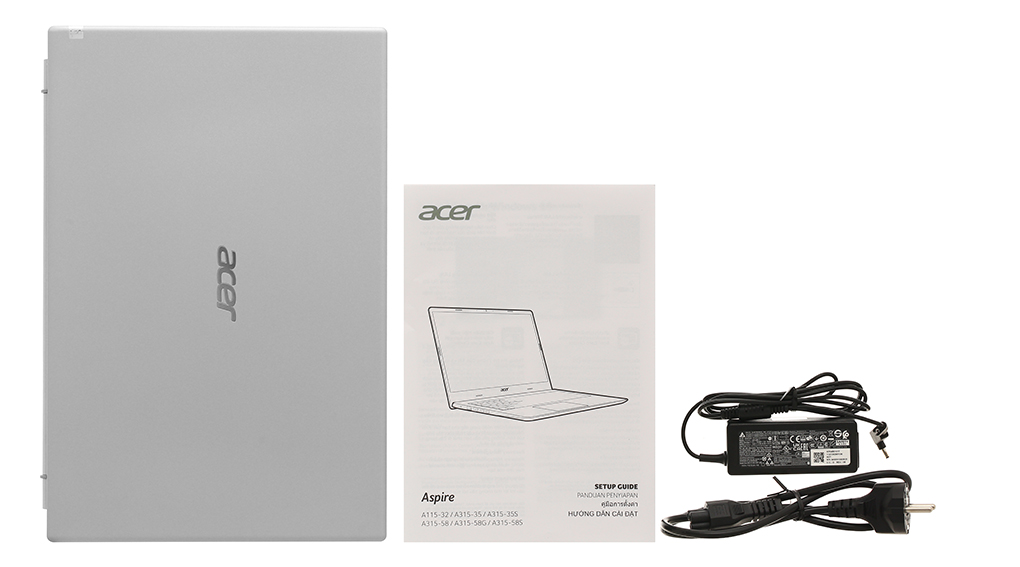 Bộ sản phẩm gồm: Dây nguồn, Sách hướng dẫn, Thùng máy, Sạc Laptop Acer