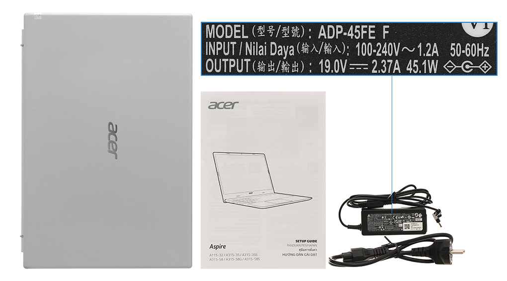 Bộ sản phẩm gồm: Dây nguồn, Sách hướng dẫn, Thùng máy, Sạc Laptop Acer