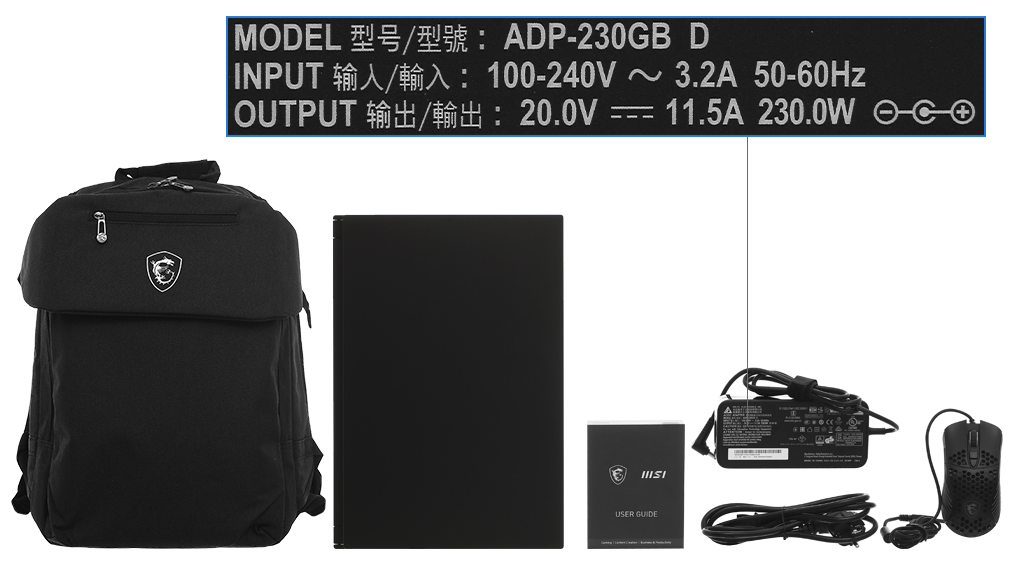 Bộ sản phẩm gồm: Dây nguồn, Sách hướng dẫn, Balo ( Trong thùng máy ) , Chuột ( Trong thùng máy ) , Thùng máy, Sạc Laptop MSI