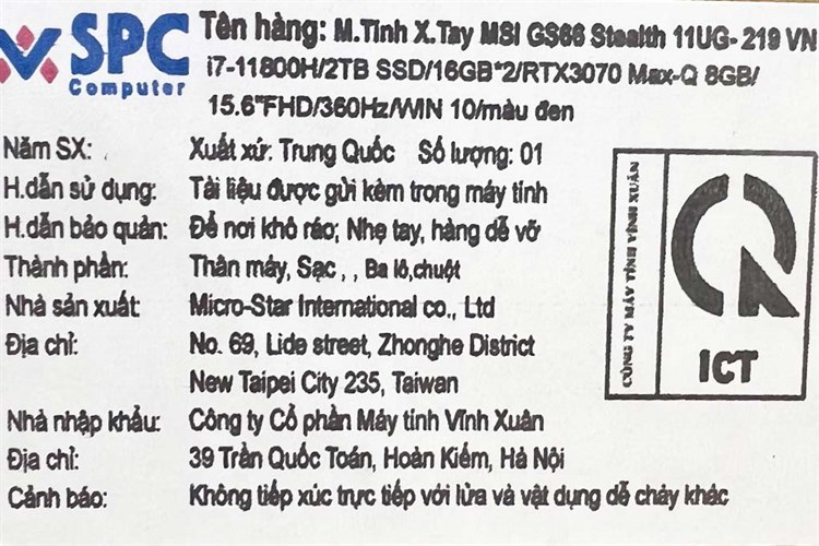 Laptop MSI Gaming GS66 Stealth 11UG i7 11800H/32GB/2TB SSD/8GB RTX3070 Max-Q/360Hz/Balo/Chuột/Win10 (219VN) Màu Đen