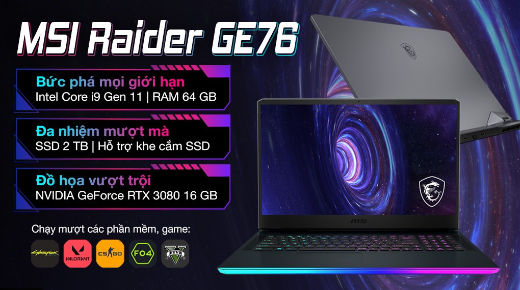 Laptop MSI Gaming GE76 Raider 11UH i9 11980HK/64GB/2TB SSD/16GB RTX3080/120Hz/Balo/Chuột/Win10 (434VN)