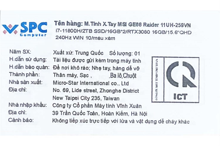 Laptop MSI Gaming GE66 Raider 11UH i7 11800H/32GB/2TB SSD/16GB RTX3080/240Hz/Balo/Chuột/Win10 (259VN) Màu Xám