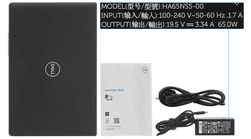 Bộ sản phẩm gồm: Dây nguồn, Sách hướng dẫn, Thùng máy, Sạc Laptop Dell