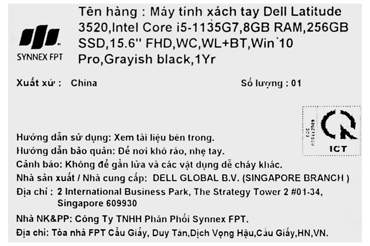 Laptop Dell Latitude 3520 i5 1135G7/8GB/256GB/Win10 Pro (70251593) Màu Đen