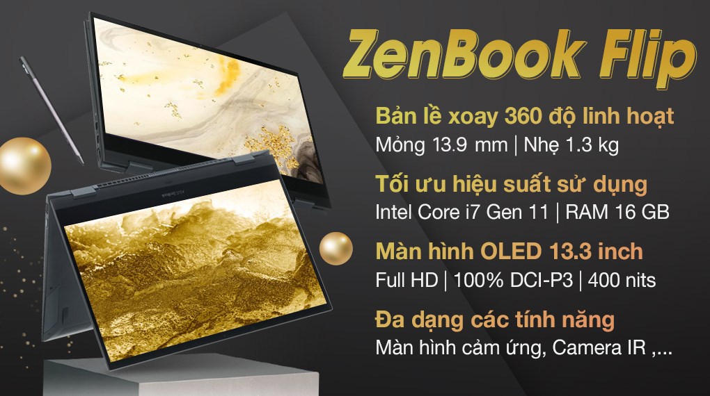 Laptop Asus ZenBook Flip UX363EA i7 1165G7/16GB/512GB/OLED/Touch/Pen/Cáp/Túi/Win10 (HP163T)