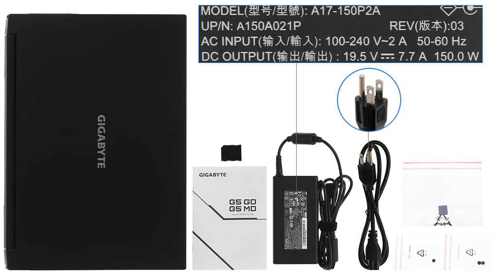 Bộ sản phẩm gồm: Dây nguồn, Sách hướng dẫn, Thùng máy, Sạc Laptop Gigabyte