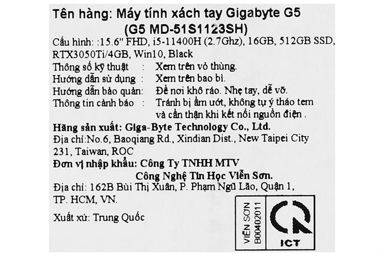 Laptop GIGABYTE Gaming G5 i5 11400H/16GB/512GB/4GB RTX3050Ti/144Hz/Win10 (51S1123SH) Màu Đen