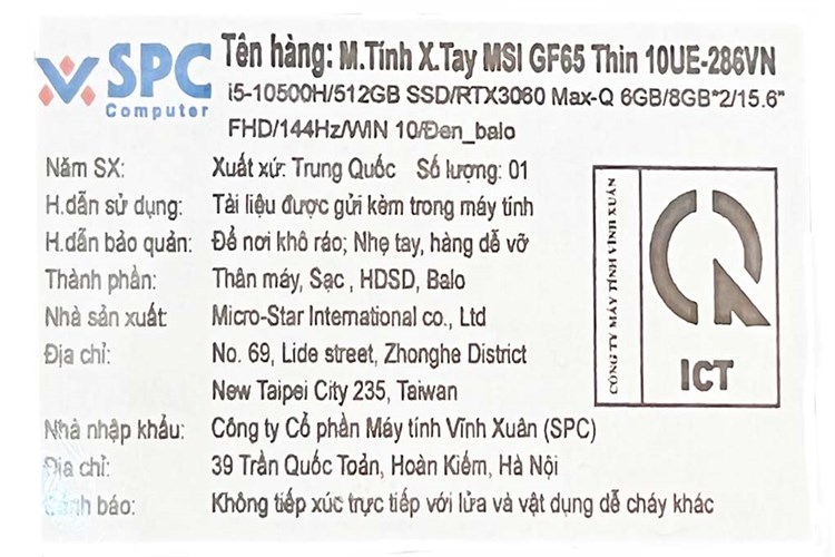 Laptop MSI Gaming GF65 Thin 10UE i5 10500H/16GB/512GB/6GB RTX3060 Max-Q/144Hz/Balo/Win10 (286VN) Màu Đen