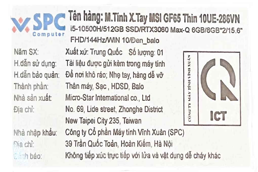 Laptop MSI Gaming GF65 Thin 10UE i5 10500H/16GB/512GB/6GB RTX3060 Max-Q/144Hz/Balo/Win10 (286VN) Màu Đen