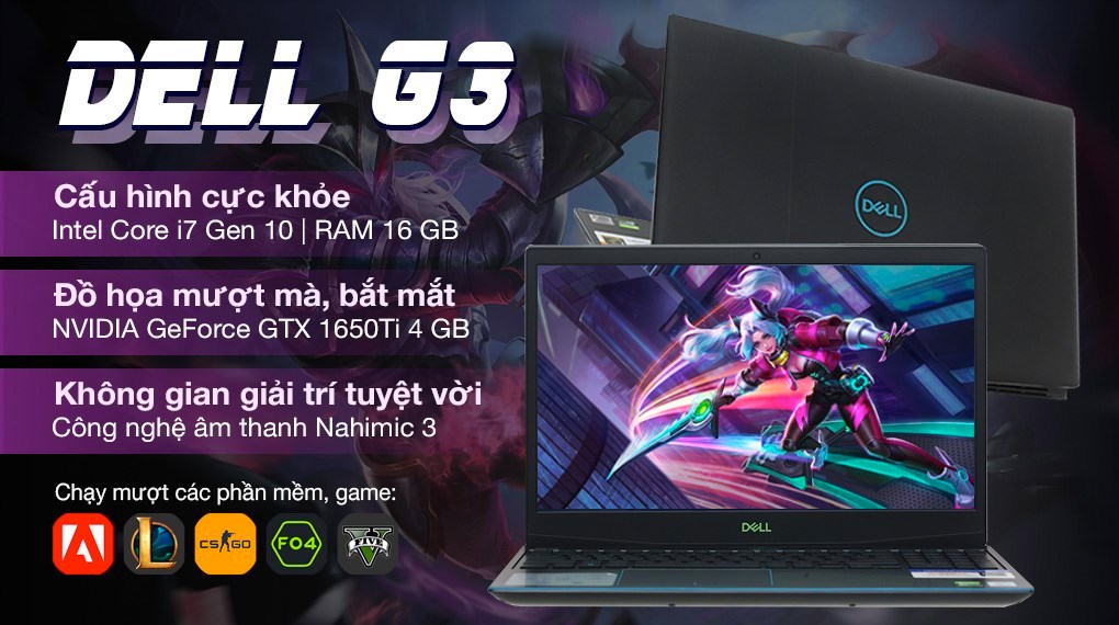 Laptop Dell Gaming G3 15 i7 10750H/16GB/512GB/4GB GTX1650Ti/120Hz/Win10 (P89F002DBL)