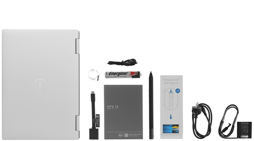 Bộ sản phẩm gồm: Dây nguồn, Sách hướng dẫn, Bút cảm ứng, Thùng máy, Cáp ( Type C to USB A ) , Sạc Laptop Dell