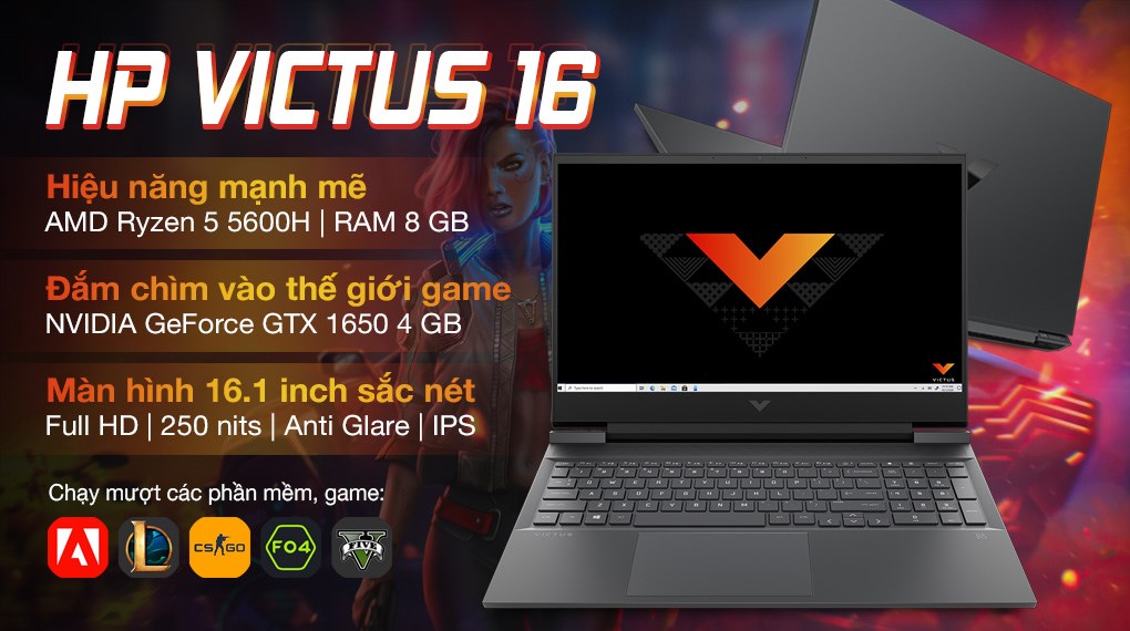 Laptop HP Gaming VICTUS 16 e0177AX R5 5600H/8GB/512GB/4GB GTX1650/144Hz/Win10 (4R0U9PA)