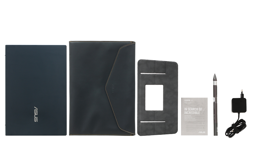 Bộ sản phẩm gồm: Sách hướng dẫn, Bao da, Bút cảm ứng, Thùng máy, Sạc Laptop Asus, Đế kê tay
