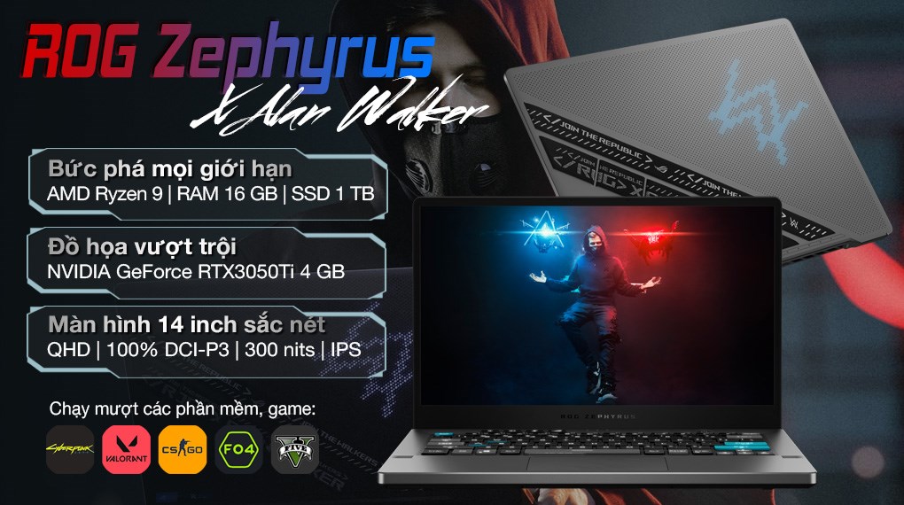 Laptop Asus ROG Zephyrus G14 Alan Walker GA401QEC R9 5900HS/16GB 1TB/4GB RTX3050Ti/120Hz/Túi/Win10 (K2064T)