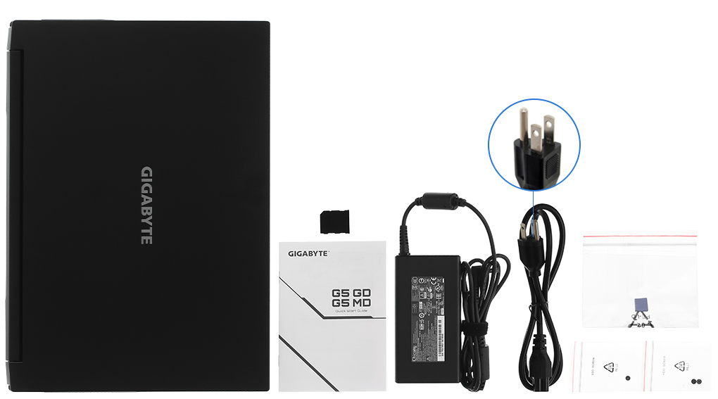 Bộ sản phẩm gồm: Dây nguồn, Sách hướng dẫn, Thùng máy, Sạc Laptop Gigabyte