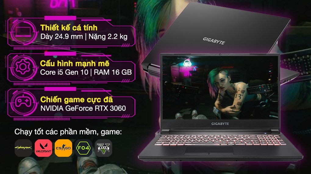 Laptop GIGABYTE Gaming G5 i5 10500H/16GB/512GB/6GB RTX3060/144Hz/Win10 (5S11130SH)
